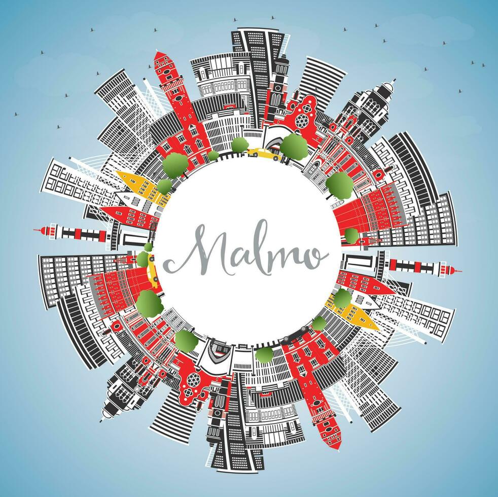 Malmo Sweden City Skyline with Color Buildings, Blue Sky and Copy Space. vector