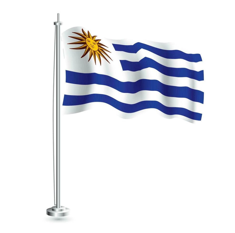 Uruguayan Flag. Isolated Realistic Wave Flag of Uruguay Country on Flagpole. vector