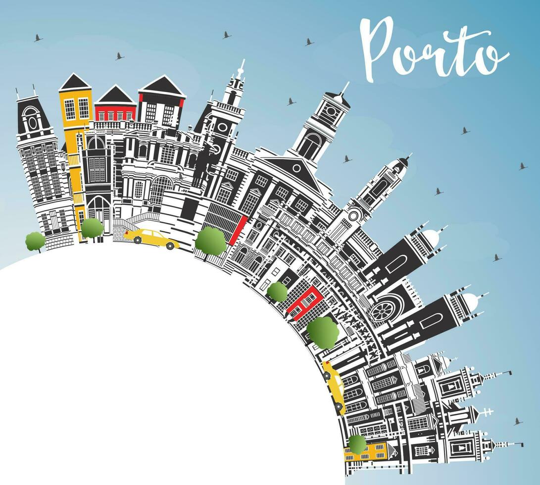 Porto Portugal City Skyline with Color Buildings, Blue Sky and Copy Space. Porto Cityscape with Landmarks. vector