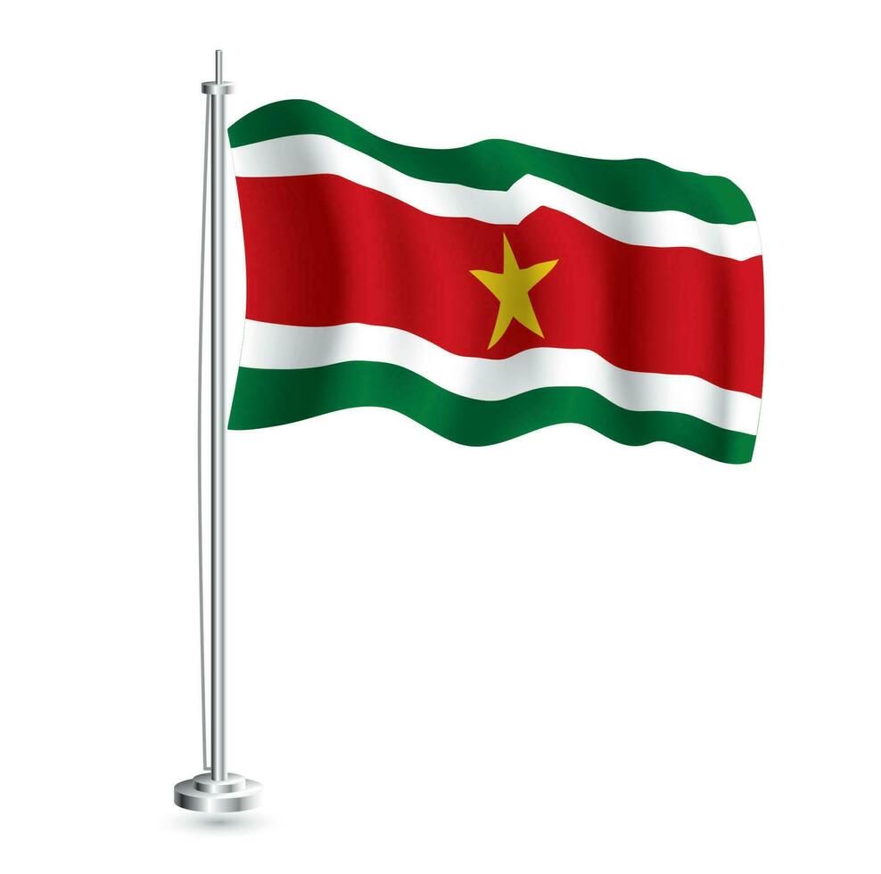 Surinamese Flag. Isolated Realistic Wave Flag of Suriname Country on Flagpole. vector