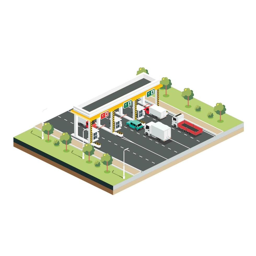 Isometric Toll Road with Trucks and Cars. Payment Checkpoint. Toll Collection Area in the Turnpike. vector