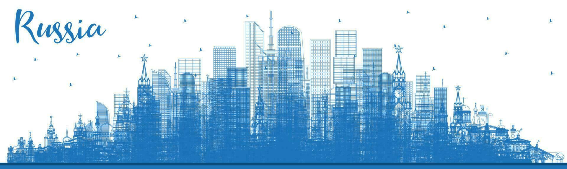 Outline Russia City Skyline with Blue Buildings. Vector Illustration. Tourism Concept with Historic Architecture. Russia Cityscape with Landmarks.