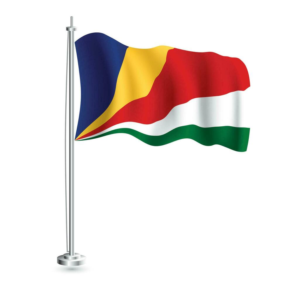 Seychelles Flag. Isolated Realistic Wave Flag of Seychelles Country on Flagpole. vector