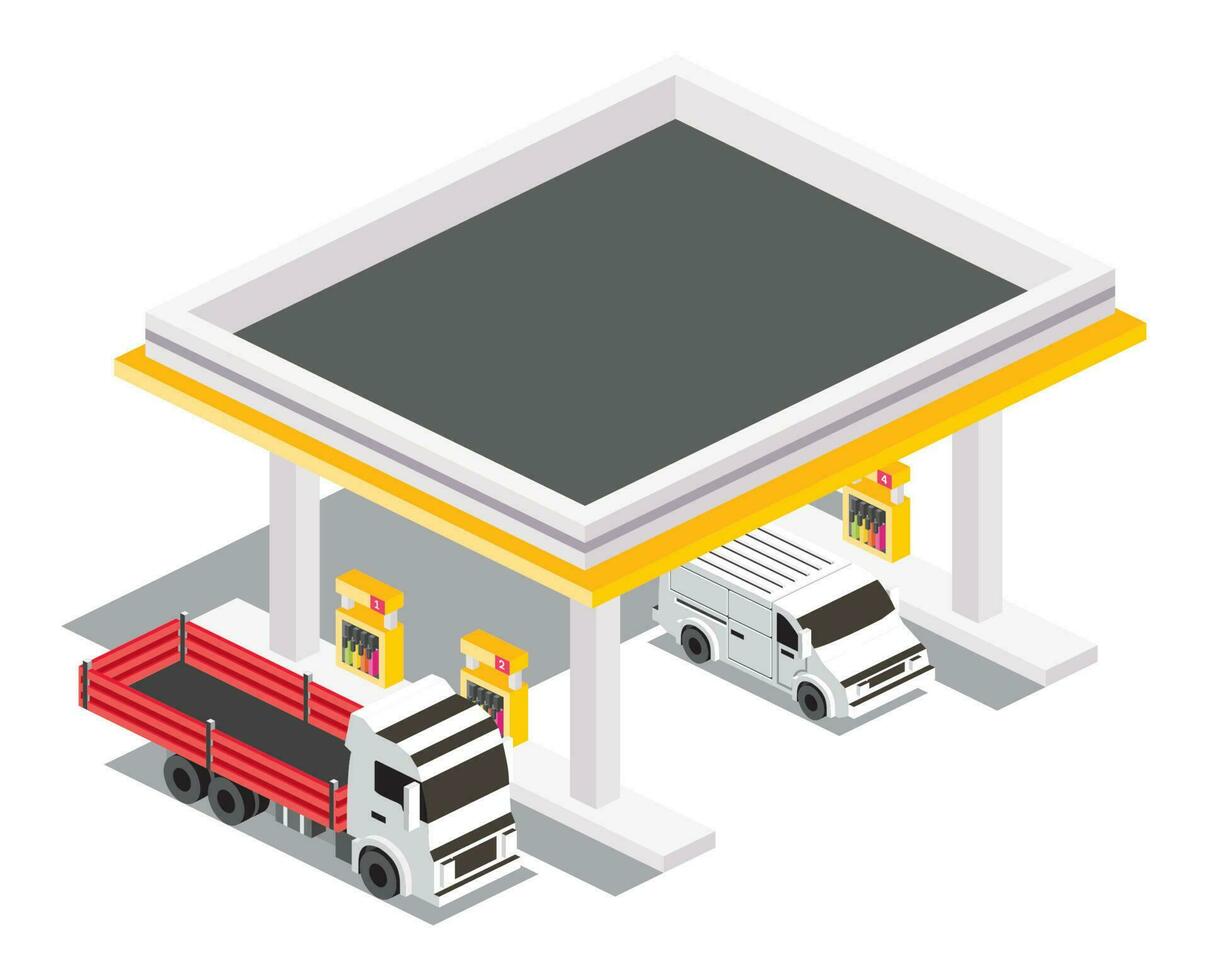 gas estación con camión y camioneta. isométrica aislado petróleo relleno estación. infografía elemento. vector