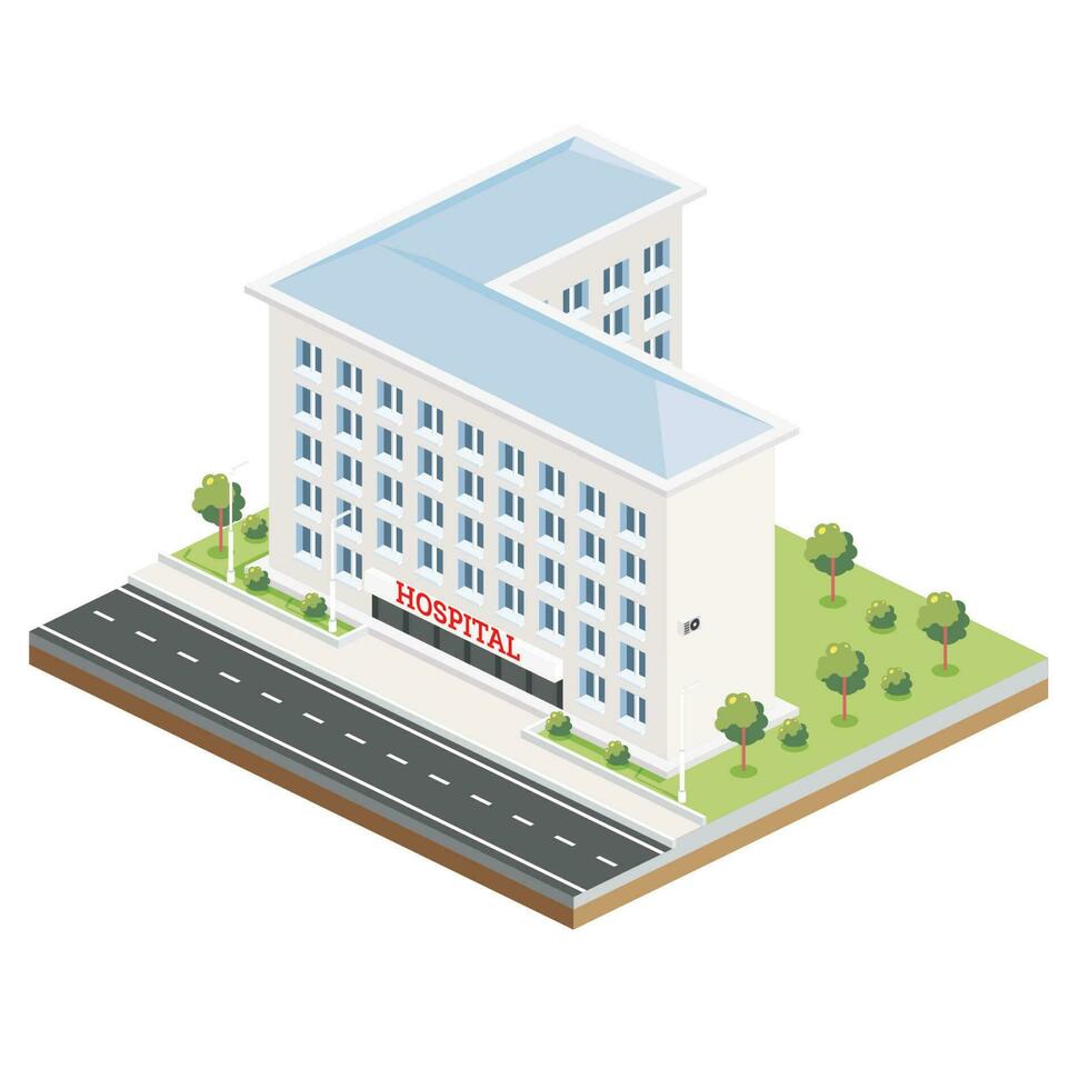 Isometric Building of Hospital. Icon or Infographic Element. City Clinic. Architectural Symbol Isolated on White Background. vector