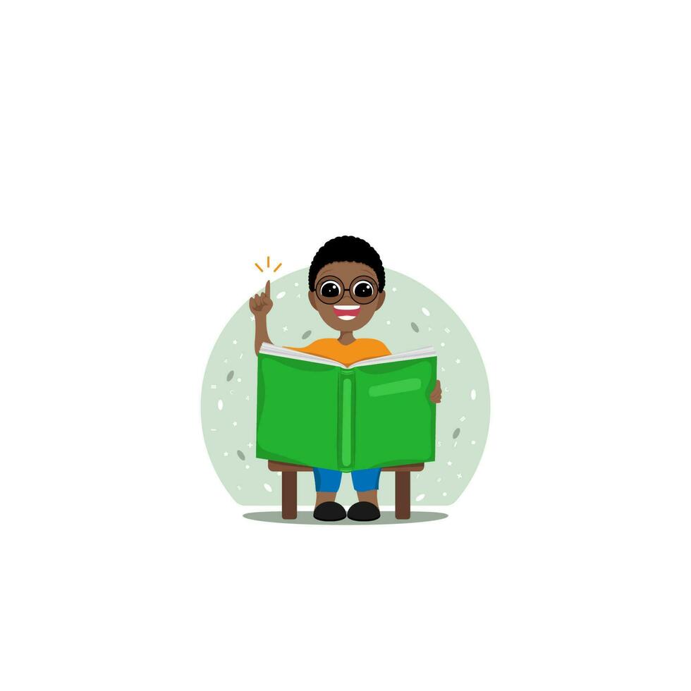 A little boy in glasses is sitting and reading a book. School and education. vector