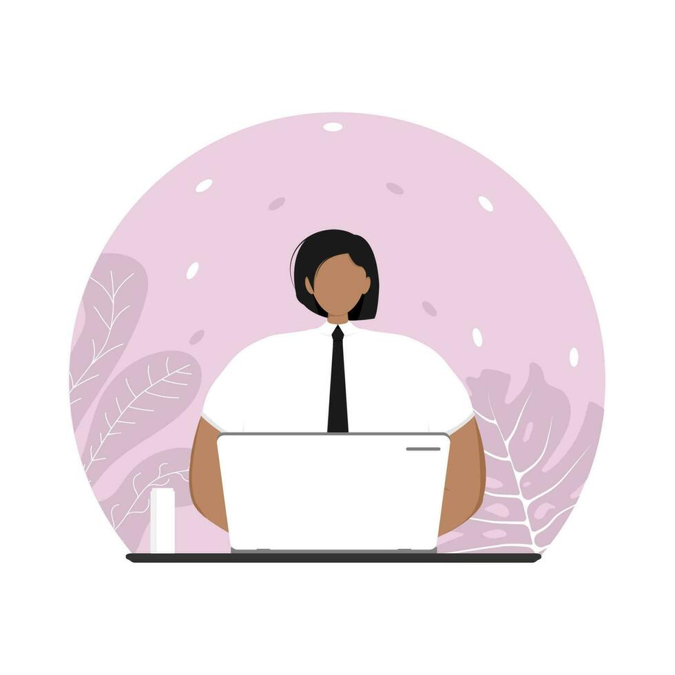 A woman works at a computer. Freelance, online studying, work from home concept. vector
