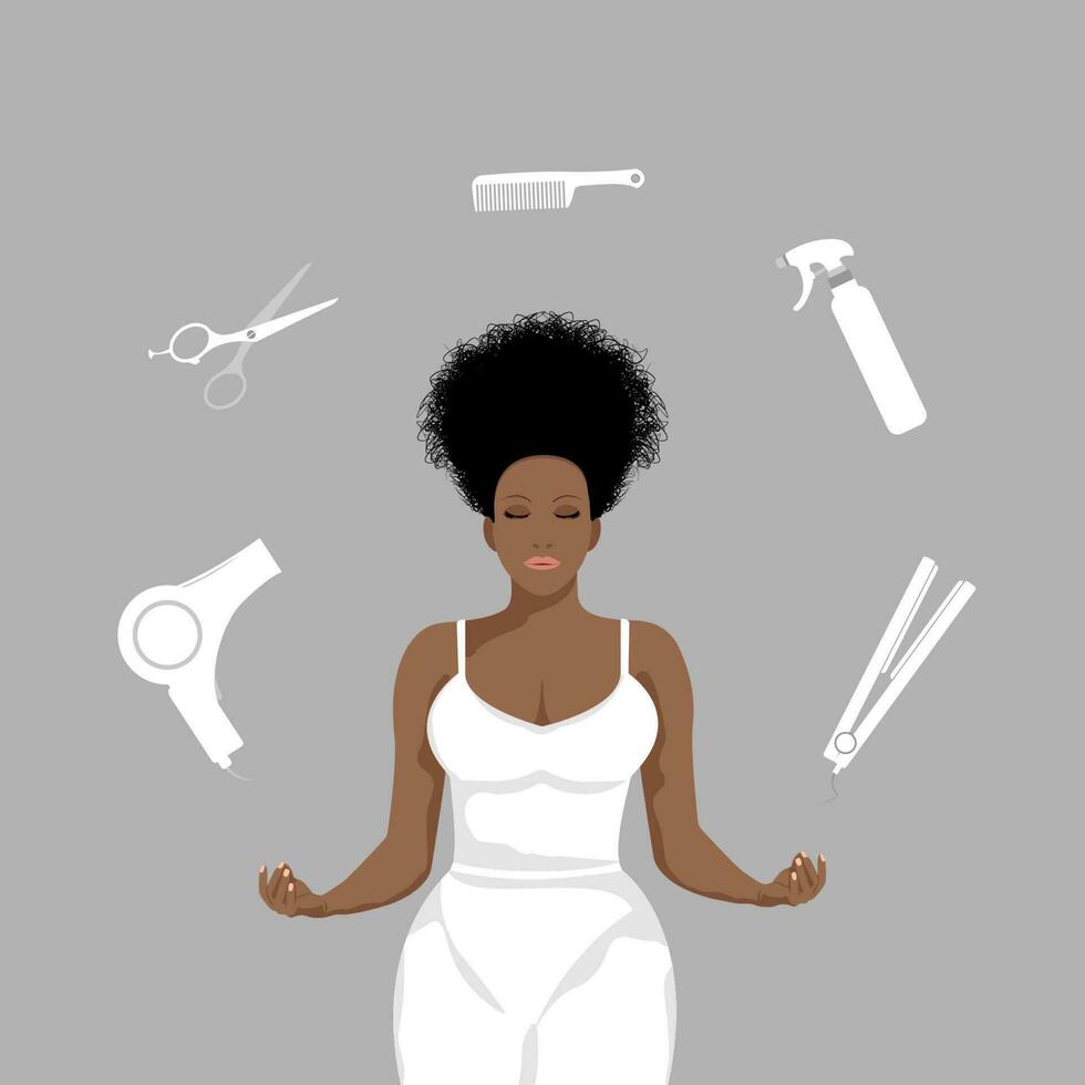 mujer meditando con peluquería accesorios. belleza salón. vector