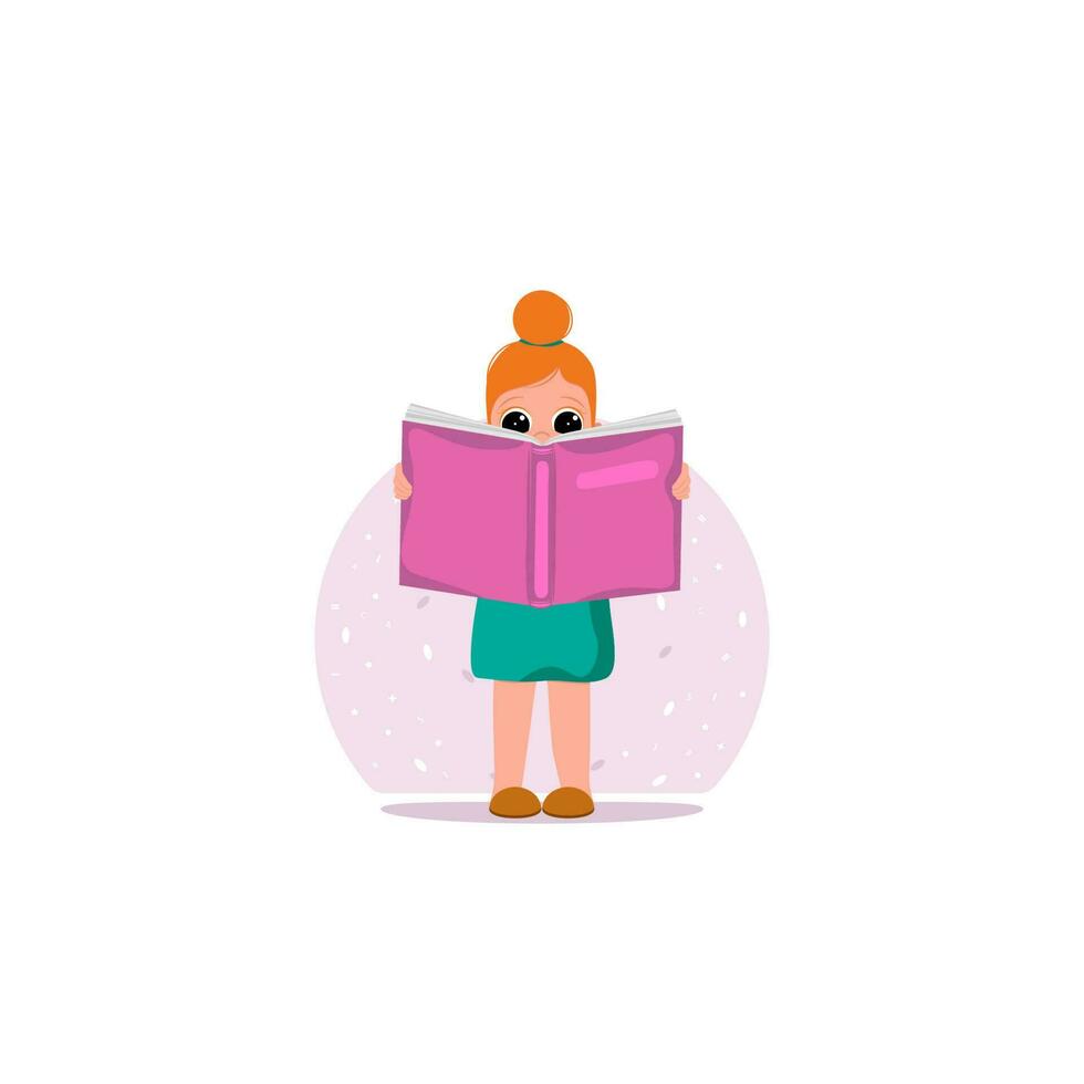 un pequeño niña es leyendo un libro. colegio y educación. vector