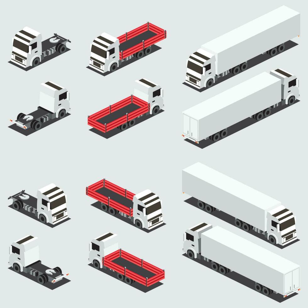 Isometric Red Flatbed Cargo Truck and Truck Trailer with Container. Icons Set. Commercial Transport. Logistics. vector