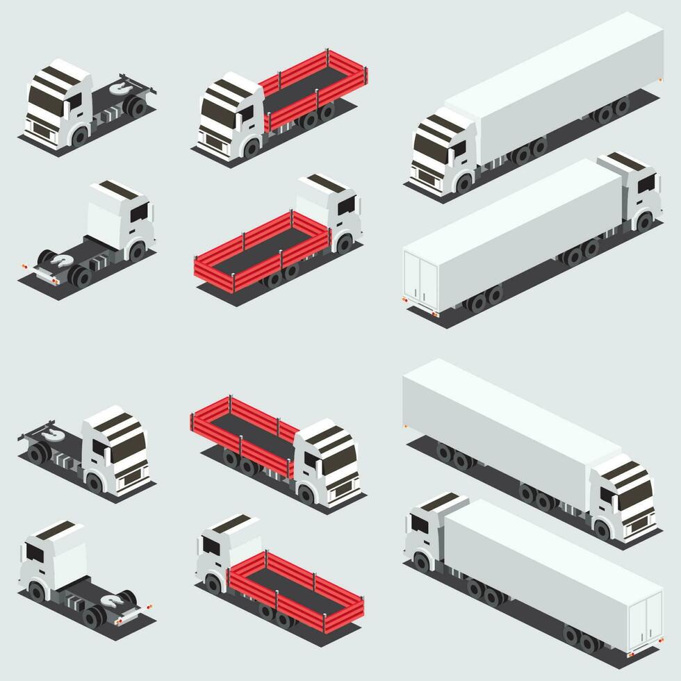 isométrica rojo cama plana carga camión y camión remolque con envase. íconos colocar. comercial transporte. logística. vector