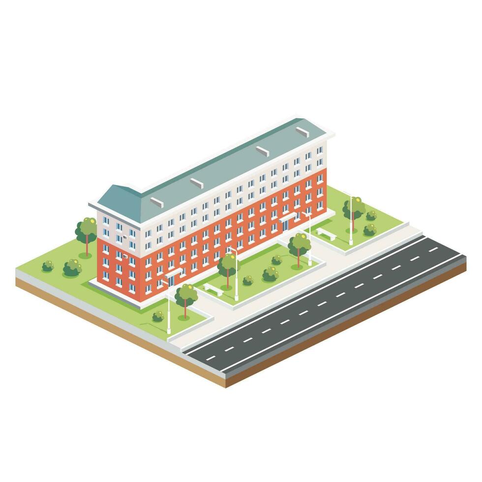 Isometric Residential Five Storey Building. Icon or Infographic Element. City Home. Architectural Symbol Isolated on White Background. vector