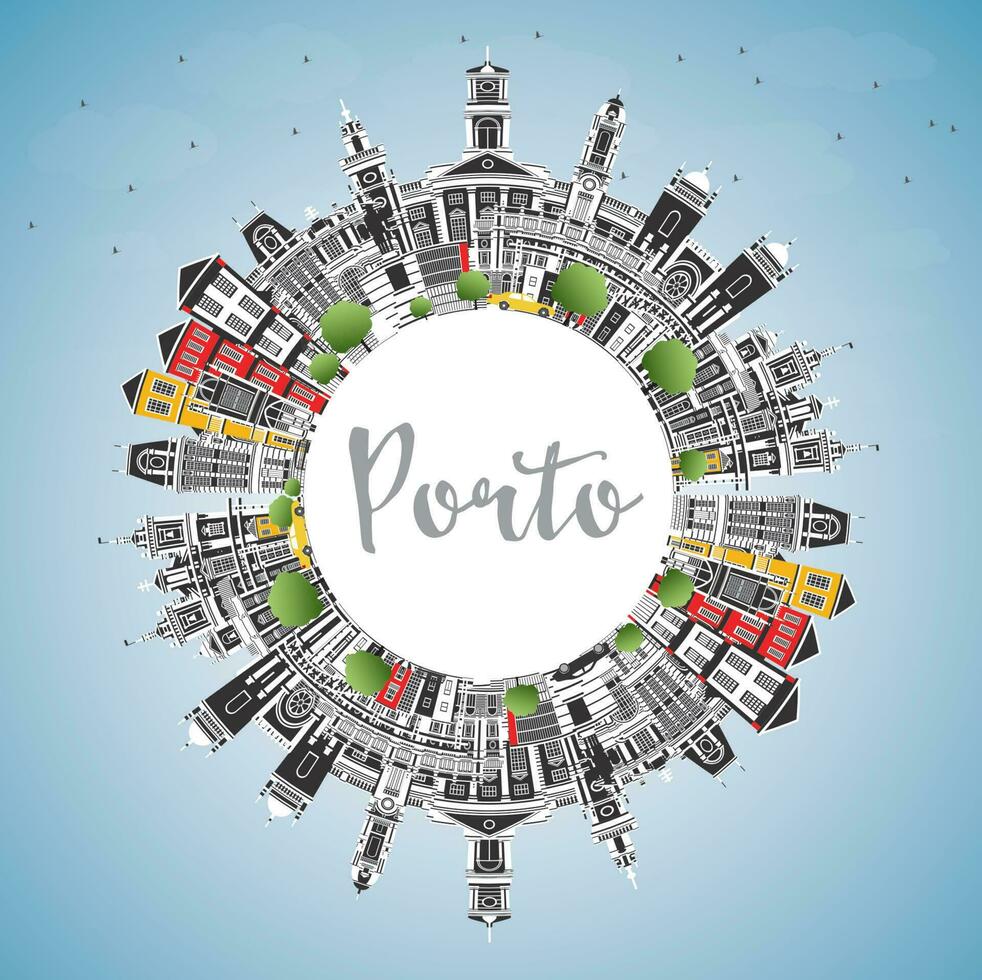 Porto Portugal City Skyline with Color Buildings, Blue Sky and Copy Space. Porto Cityscape with Landmarks. vector