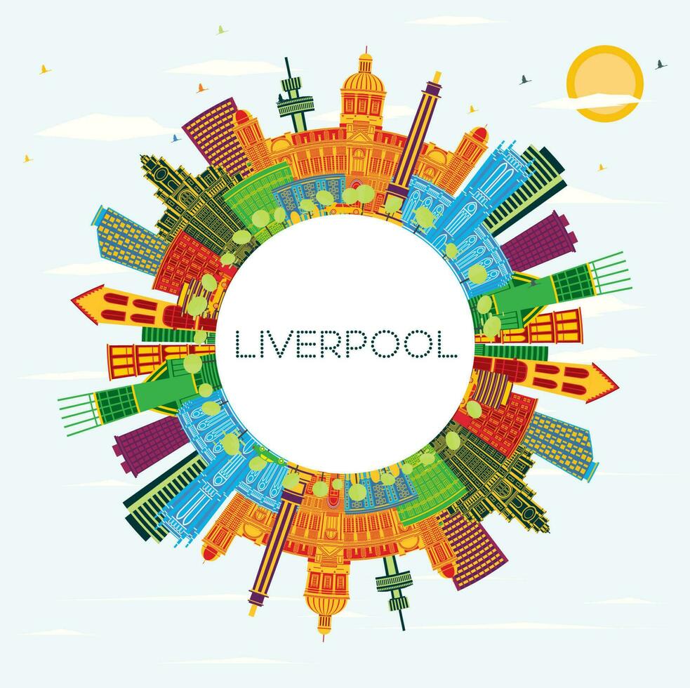 Liverpool Skyline with Color Buildings, Blue Sky and Copy Space. Liverpool Cityscape with Landmarks. vector