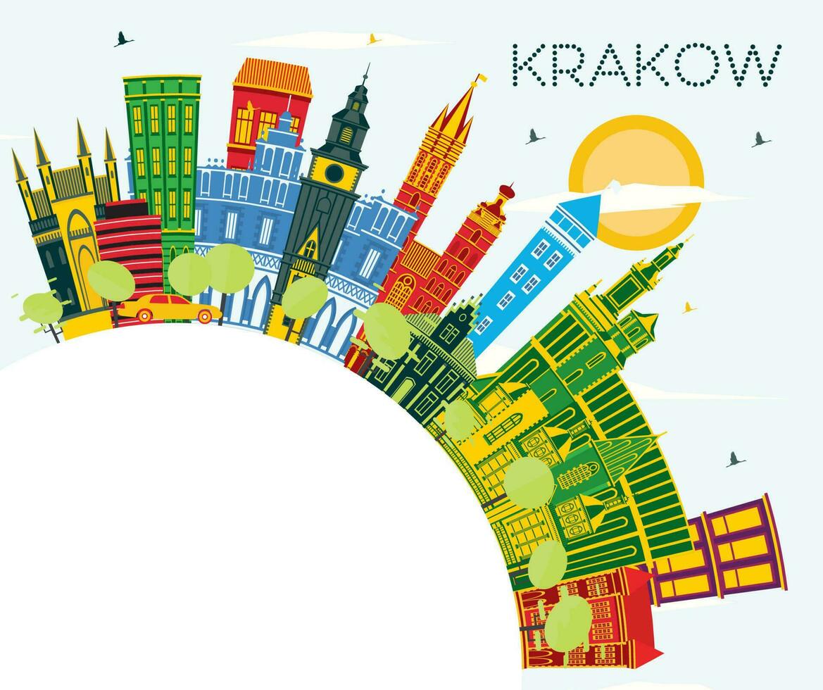 Krakow Poland City Skyline with Color Buildings, Blue Sky and Copy Space. Krakow Cityscape with Landmarks. vector