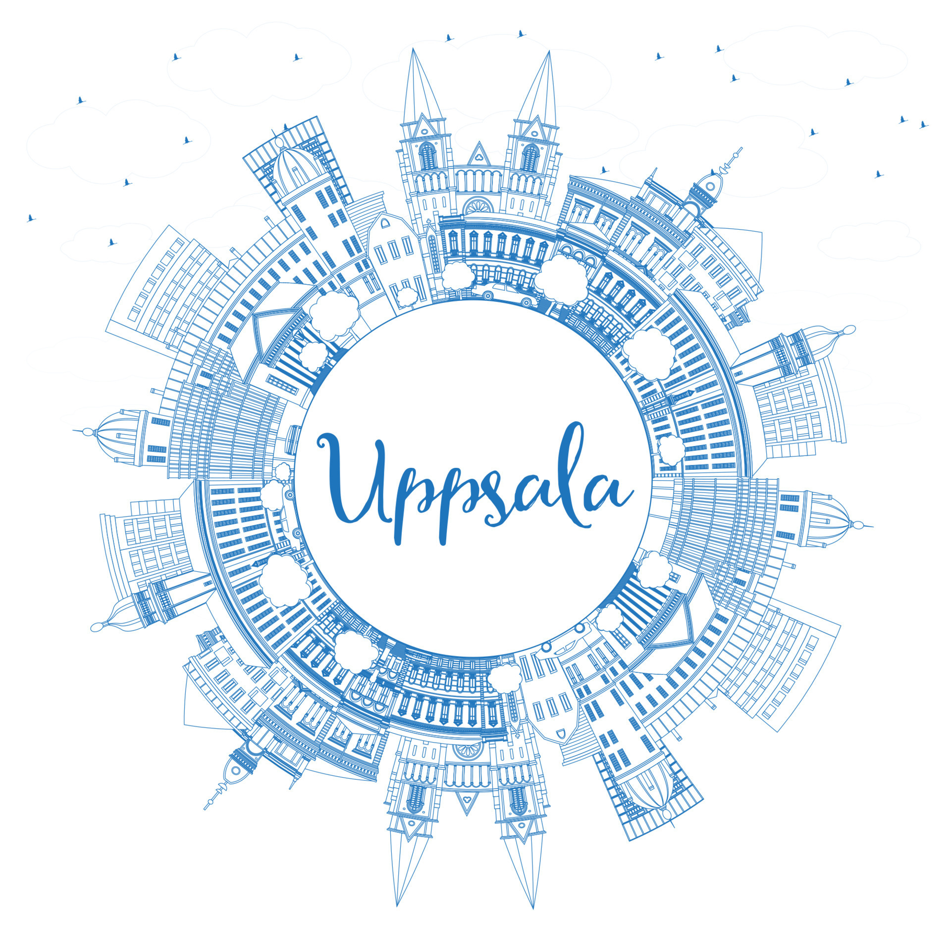 Outline Uppsala Sweden City Skyline with Blue Buildings and Copy Space