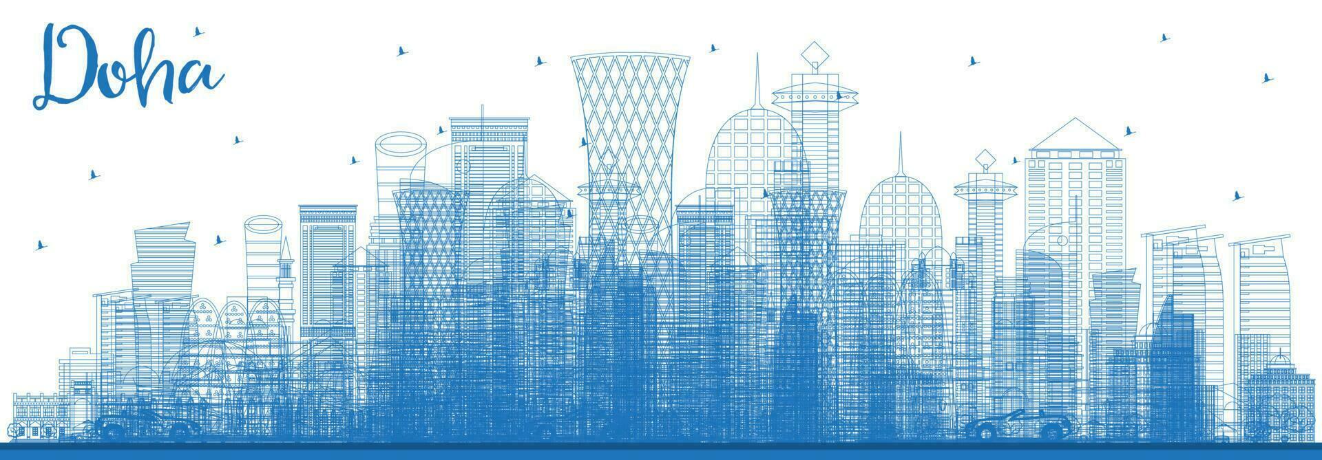 Outline Doha Qatar City Skyline with Blue Buildings. Business Travel and Concept with Modern Architecture. vector