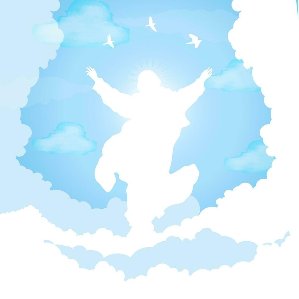 Heavenly Blue Sky with Silhouette of Jesus Christ surrounded by clouds template. Religious holiday template background. Christian template. Vector Illustration. EPS 10.