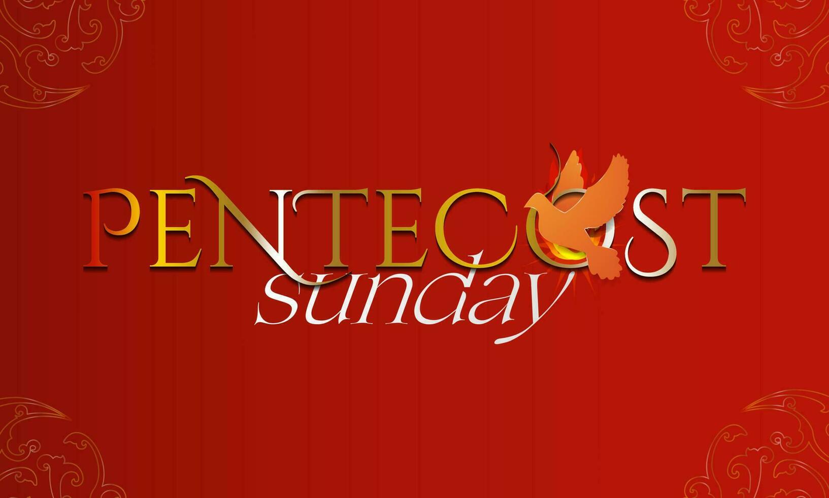 Pentecost Sunday Typographic Banner. Holy Spirit with flame on red background. vector