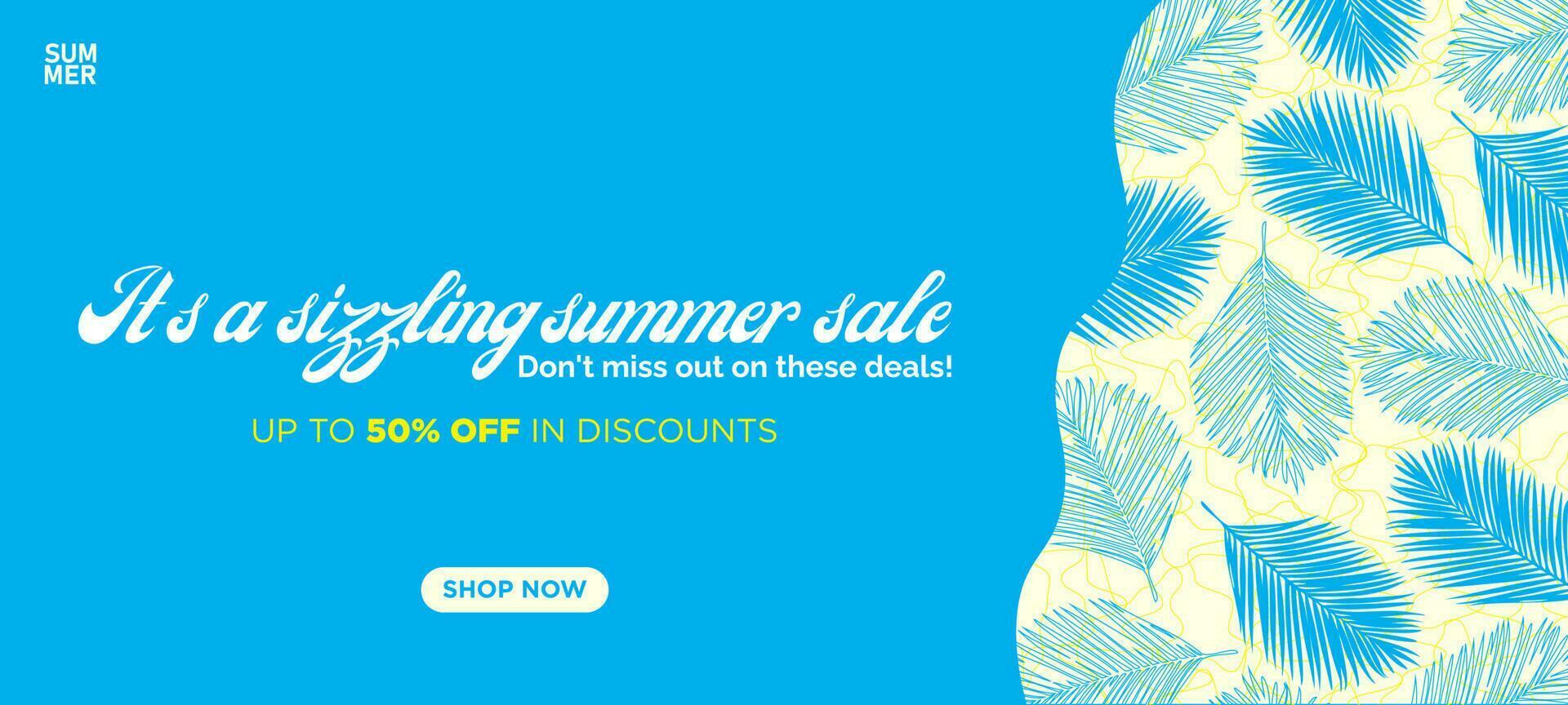 Summer Sale Background. It's a sizzling summer sale Don't miss out on these deals. Simple Tropical background with flat palm leaves. Vector Illustration.