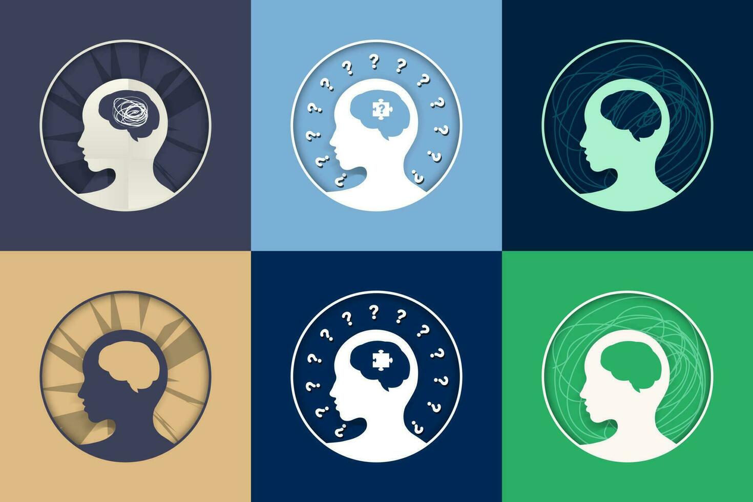 Set of Colorful icons and artworks depicting mental health and health issues with human head and brain. Logo, design element, icon, card. vector
