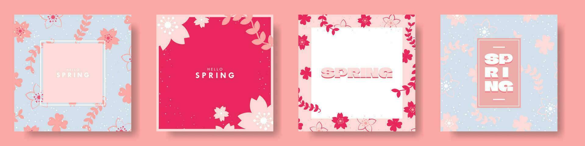 Hello Spring Card Poster Set. Trendy and colorful floral designs. Vector Illustration. EPS 10.