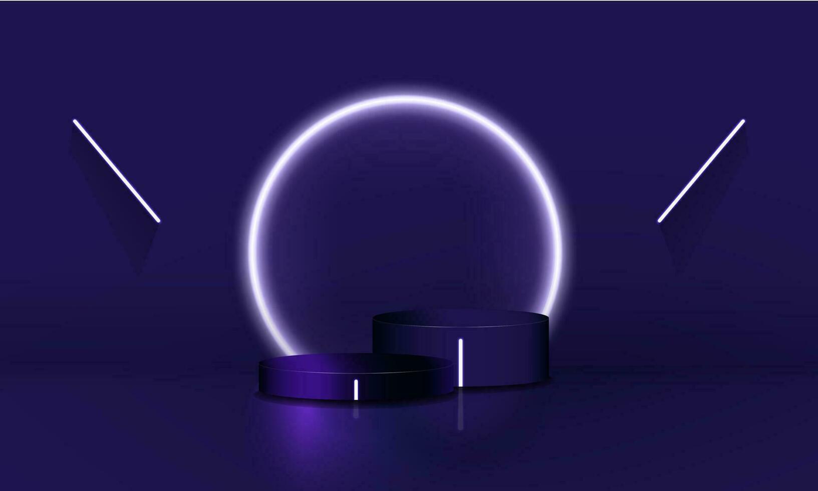 oscuro futurista 3d prestados interior con púrpura Violeta podio y blanco brillante anillo. vector