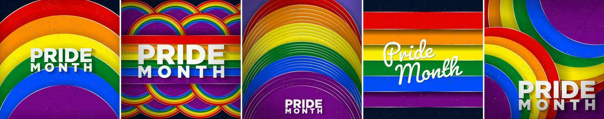 Colorful and Bright Pride Month Geometric Design Posters in rainbow flag color theme. Collection of pride flag colored paper cutout designs. Pride month on June. Vector illustration.