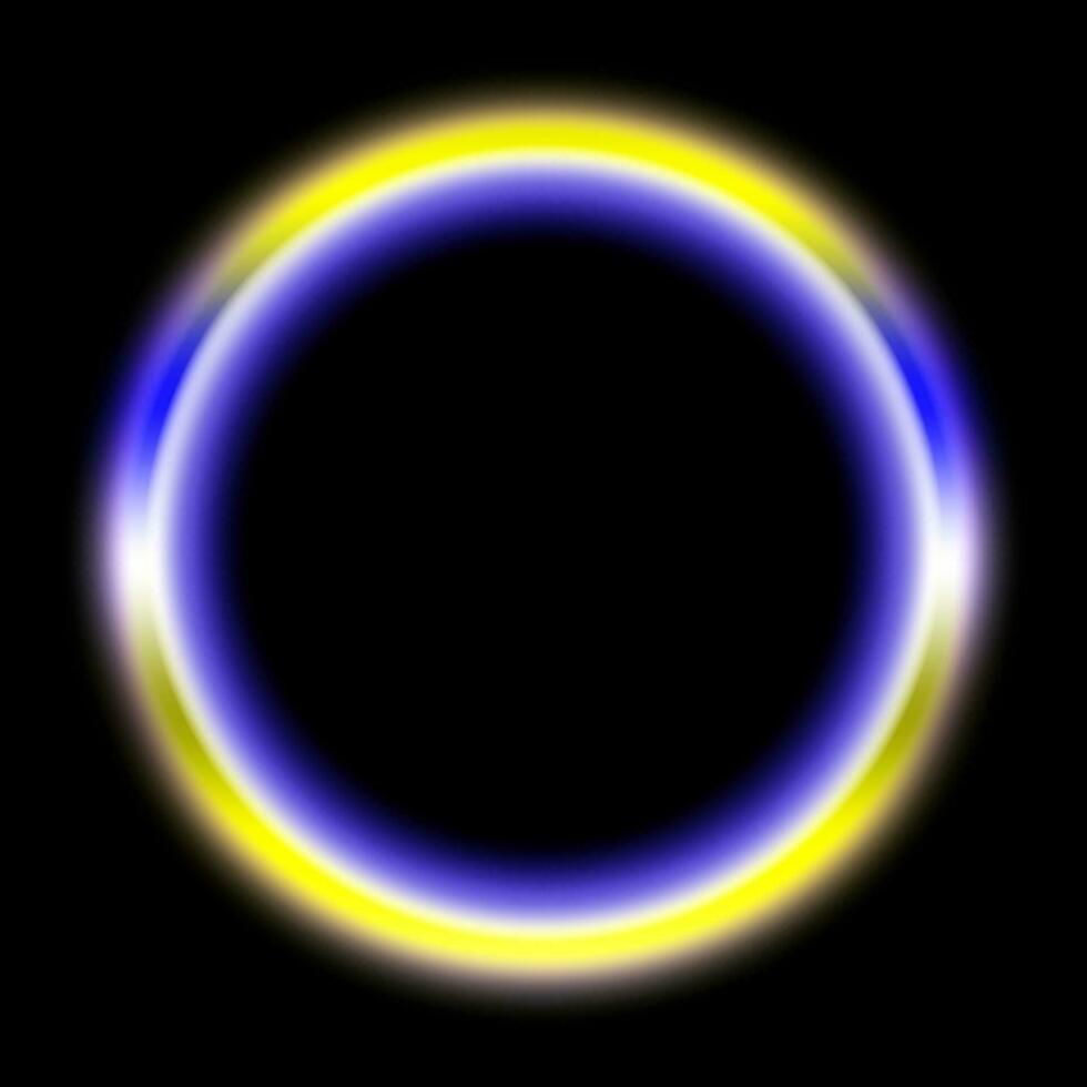 3d rendered colorful neon ring light in blue, yellow, purple, red and white colors. Bright multicolored circle on dark background. Vector Illustration. EPS 10.