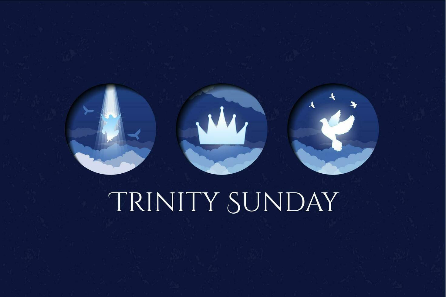 Trinity Sunday Design. Religious trinity, crown, Jesus, holy spirit, dove. Blue and white. Observed on the first Sunday after Pentecost. Three religious icons. Vector Illustration. EPS 10.