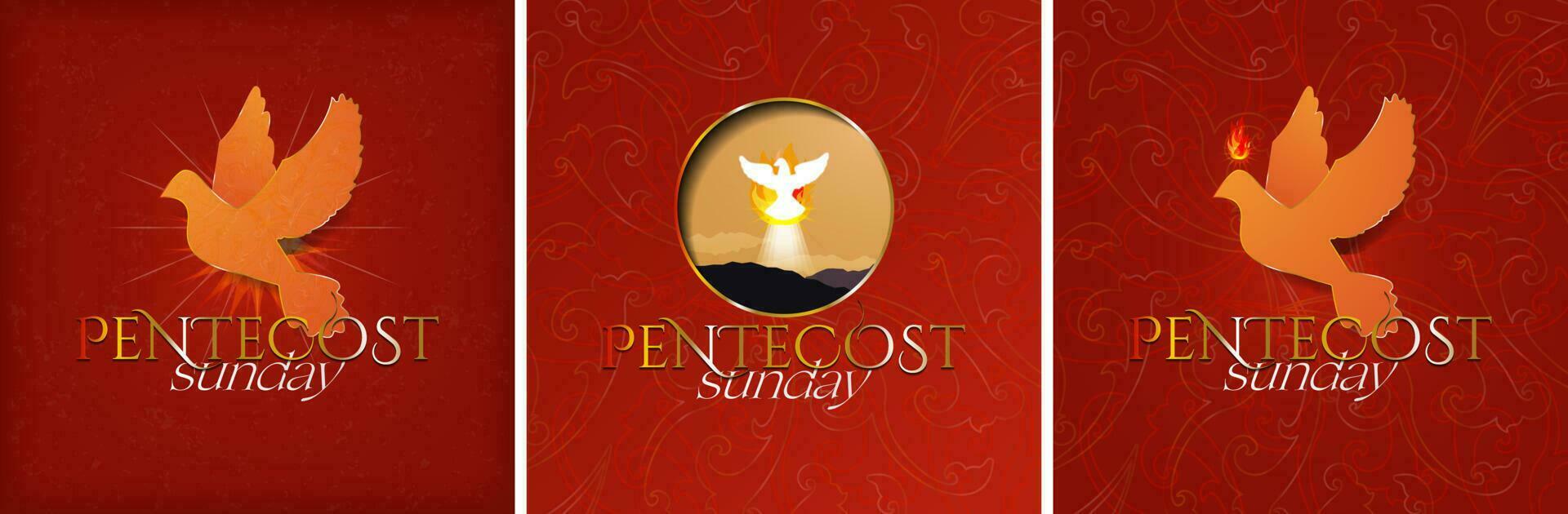 Pentecost Sunday Poster Set. Beautiful Dove Silhouette with pentecostal fire and light. Pentecost icon on red background. EPS 10 vector