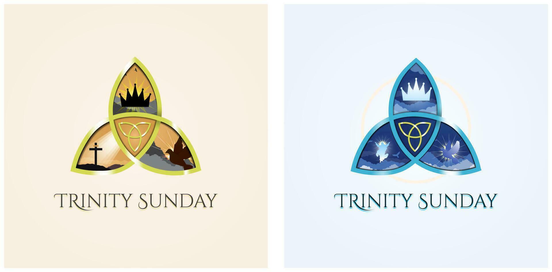 Trinity Sunday Greeting card set.  Triquetra. Religious trinity, crown, cross, holy spirit, dove. Gold and blue trinity. Observed on the first Sunday after Pentecost. Vector Illustration. EPS 10.