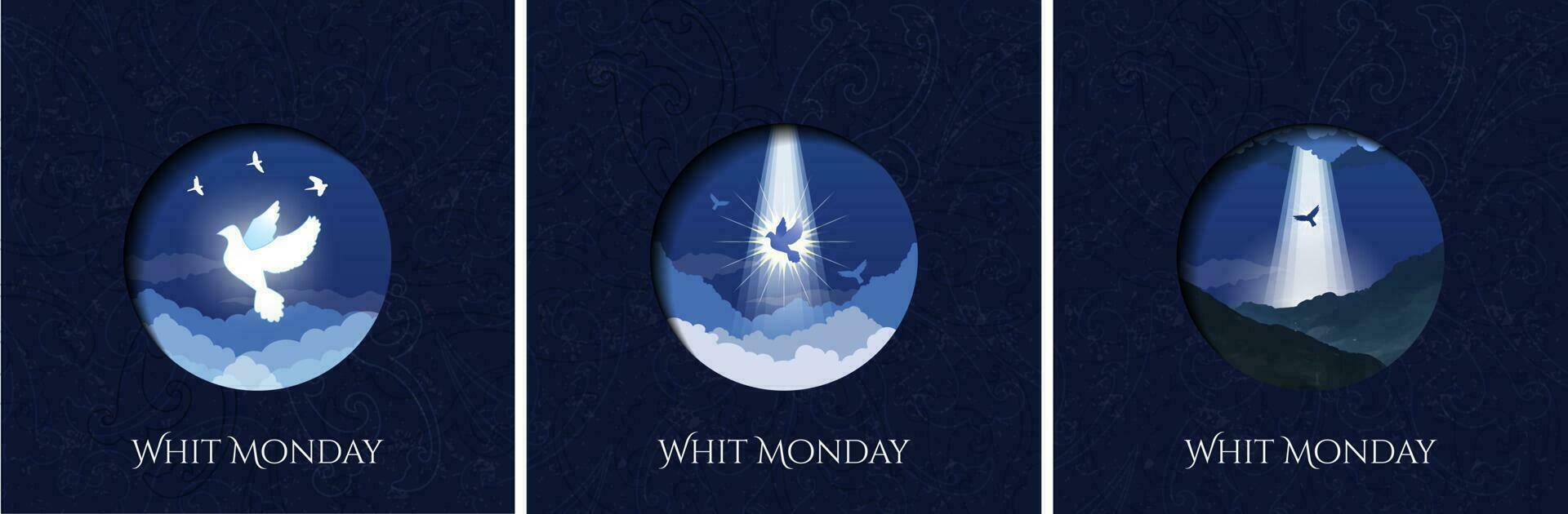 Blue Whit Monday greeting card set. Icons of Beautiful Dove on heavenly sky with clouds and Whit Monday Serif Text greeting.  Whit Monday icons vector