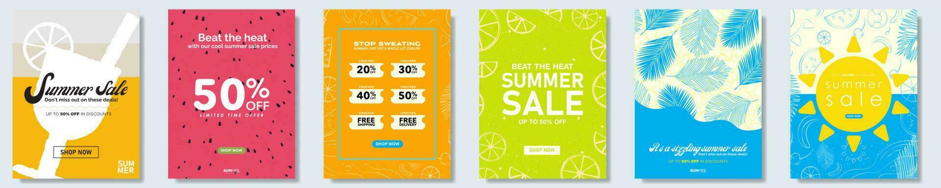 Set of Colorful Hello Summer Sale Posters. Tropical and fruit color backgrounds. Hand drawn summer elements, cocktails, fruits, palm leaves. Voucher coupon template. Summer discount template. Vector. vector