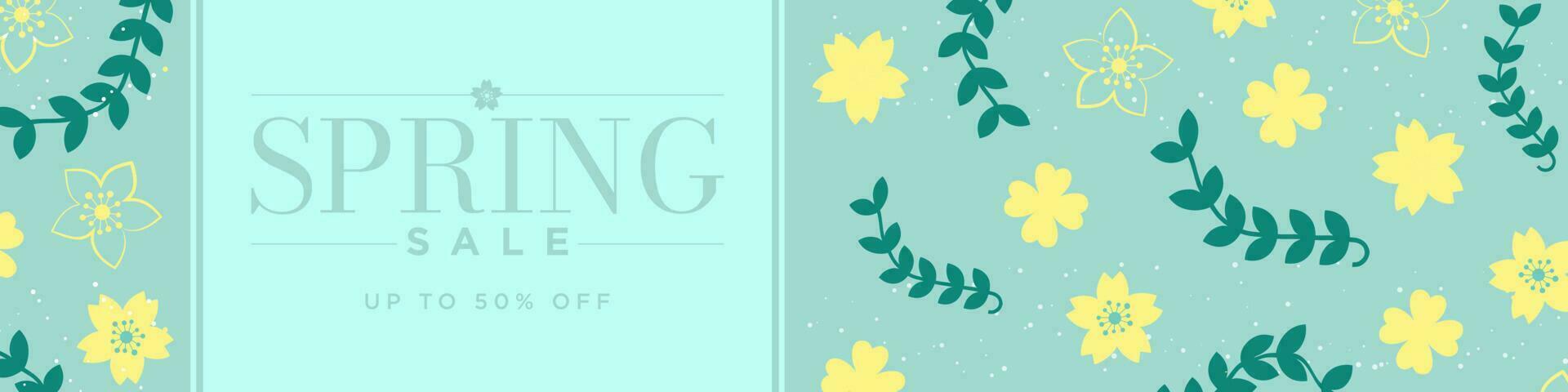 Spring Sale Banner. Spring Season design with flowers, leaves, petals on pink background. Up to 50 off tag. Spring Sale Template. vector