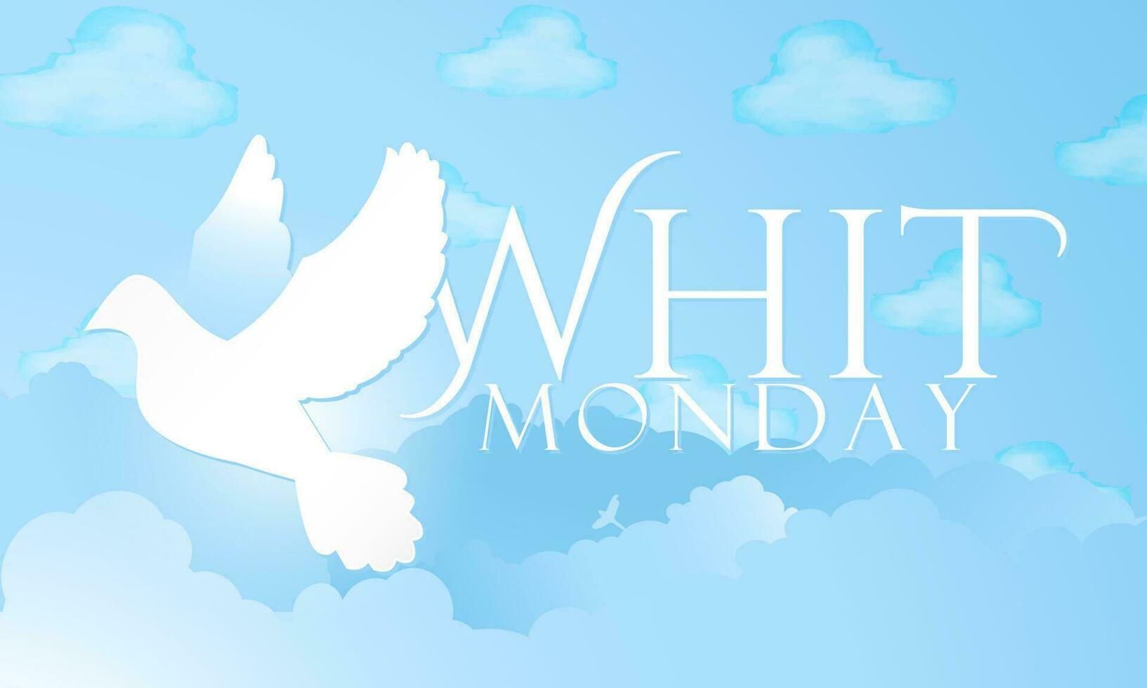 Whit Monday. Beautiful white Dove on blue sky with clouds and Whit Monday Serif Text greeting. Dove silhouette for religious holiday. vector