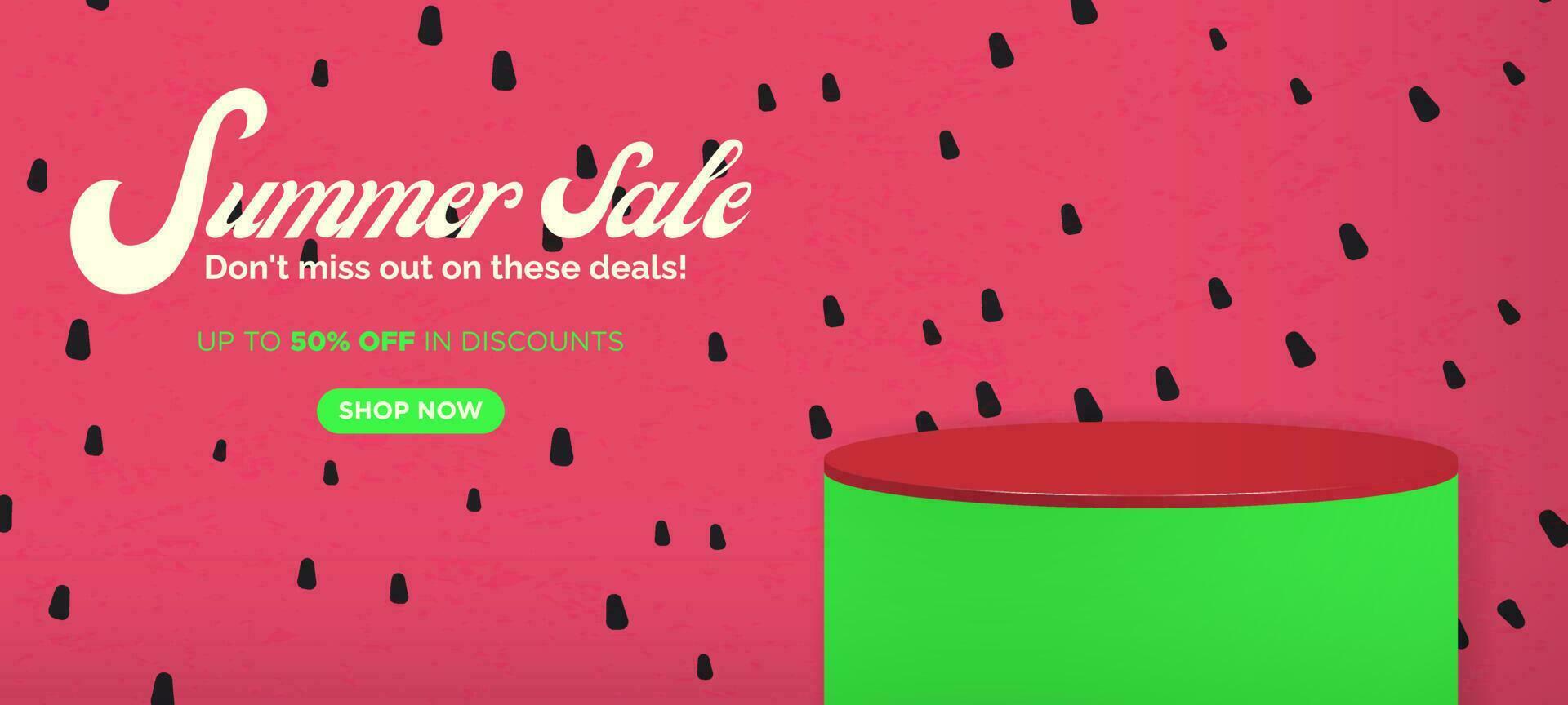 Summer Sale Watermelon Background with colorful product display cylindrical shape and shop now button. Fun and colorful summer advertising template. Vector Illustration. EPS 10.