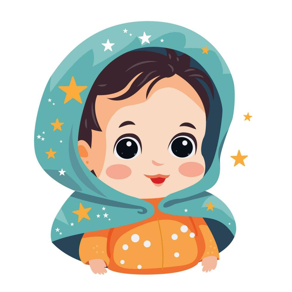 A cartoon baby with a blue scarf and a smile on her face. vector