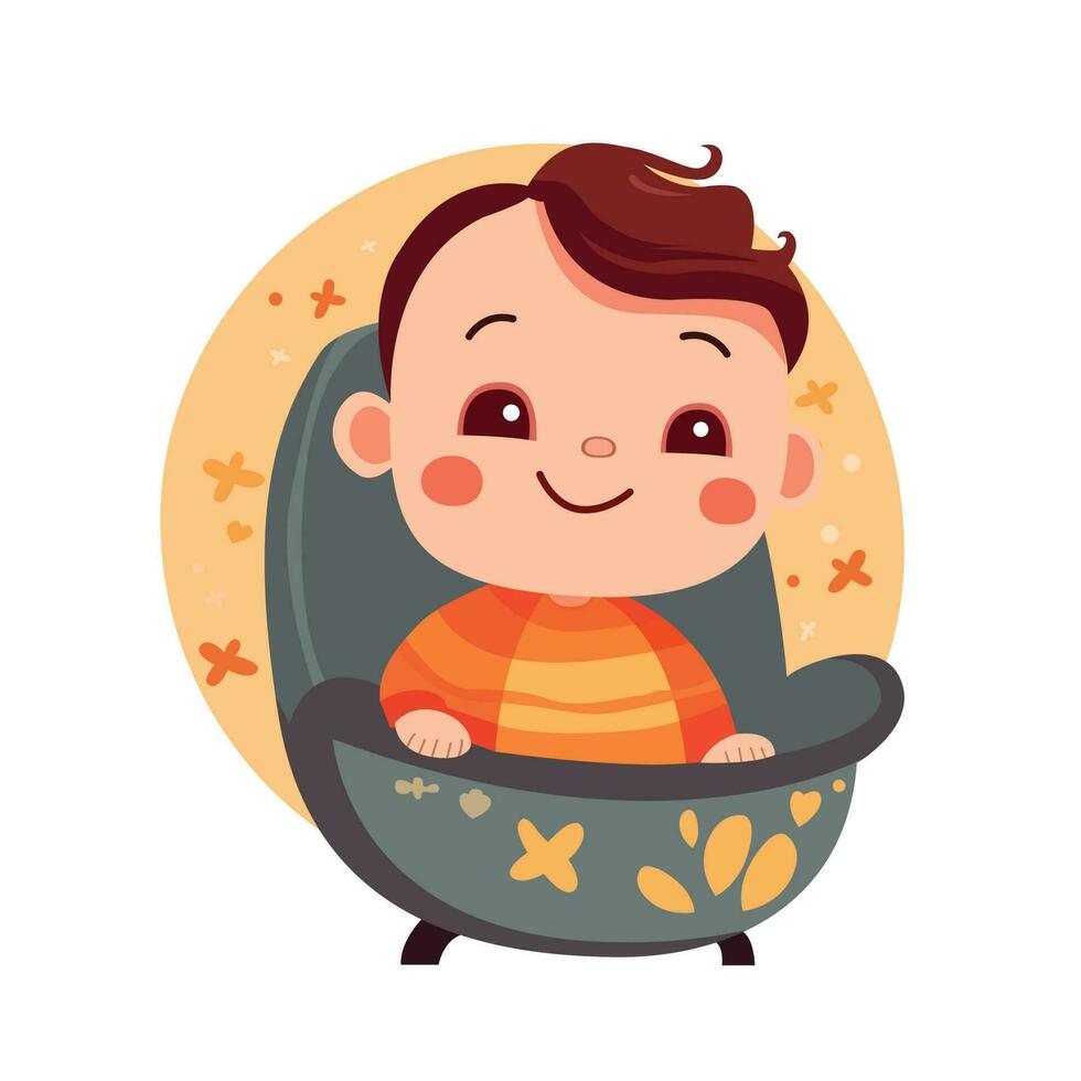 A baby in a baby seat with a yellow circle on the bottom. vector