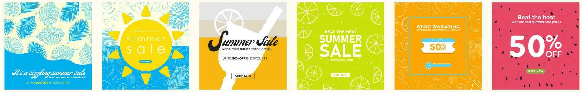 Set of Colorful Summer Sale Card Posters. Tropical and fruit color backgrounds. Hand drawn summer elements, cocktails, fruits, palm leaves. Voucher coupon template. Summer discount template. Vector. vector