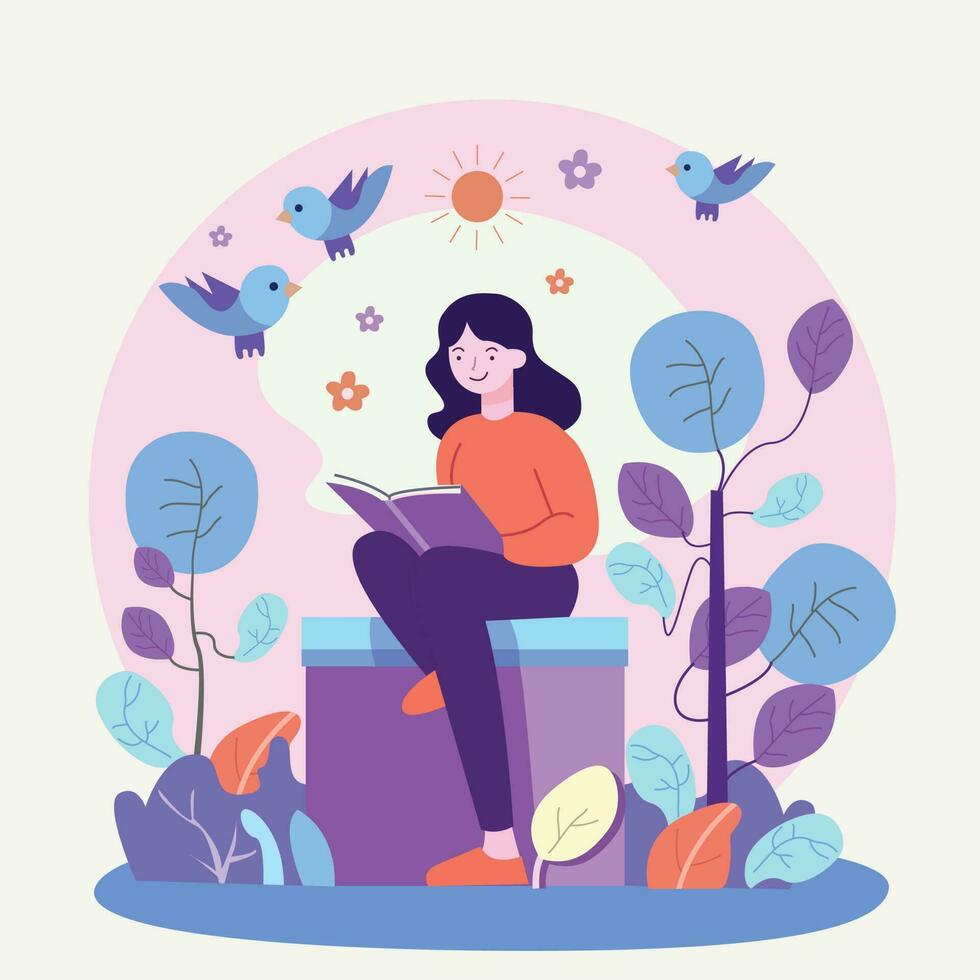 A girl reading a book in a garden vector