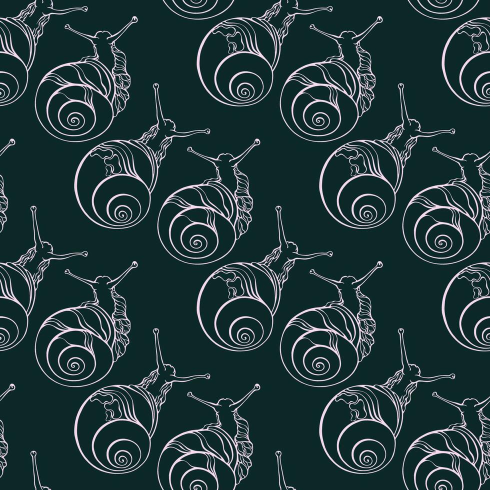 Snails. Seamless pattern. Outline hand-drawn cartoon molluscan. vector