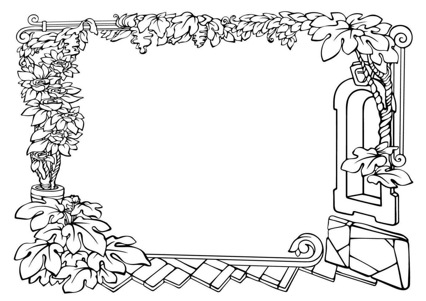 Botanical border with tropical plants. Outline floral frame. Vector