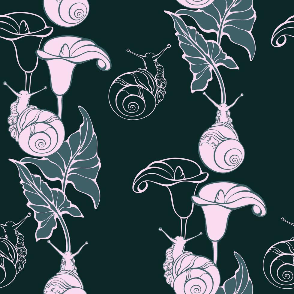 Snails and lilies. Seamless pattern with snail and flower. Vector illustration.