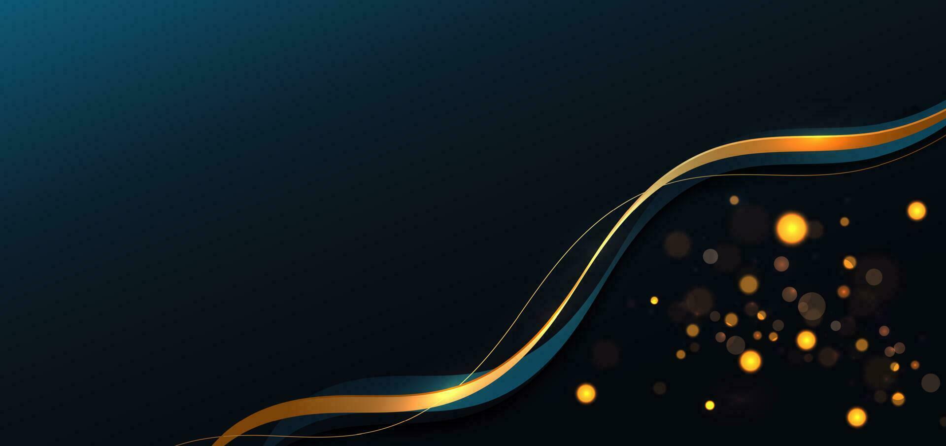 Abstract gold ribbon on blue background with lighting effect bokeh and copy space for text. Luxury design style. vector