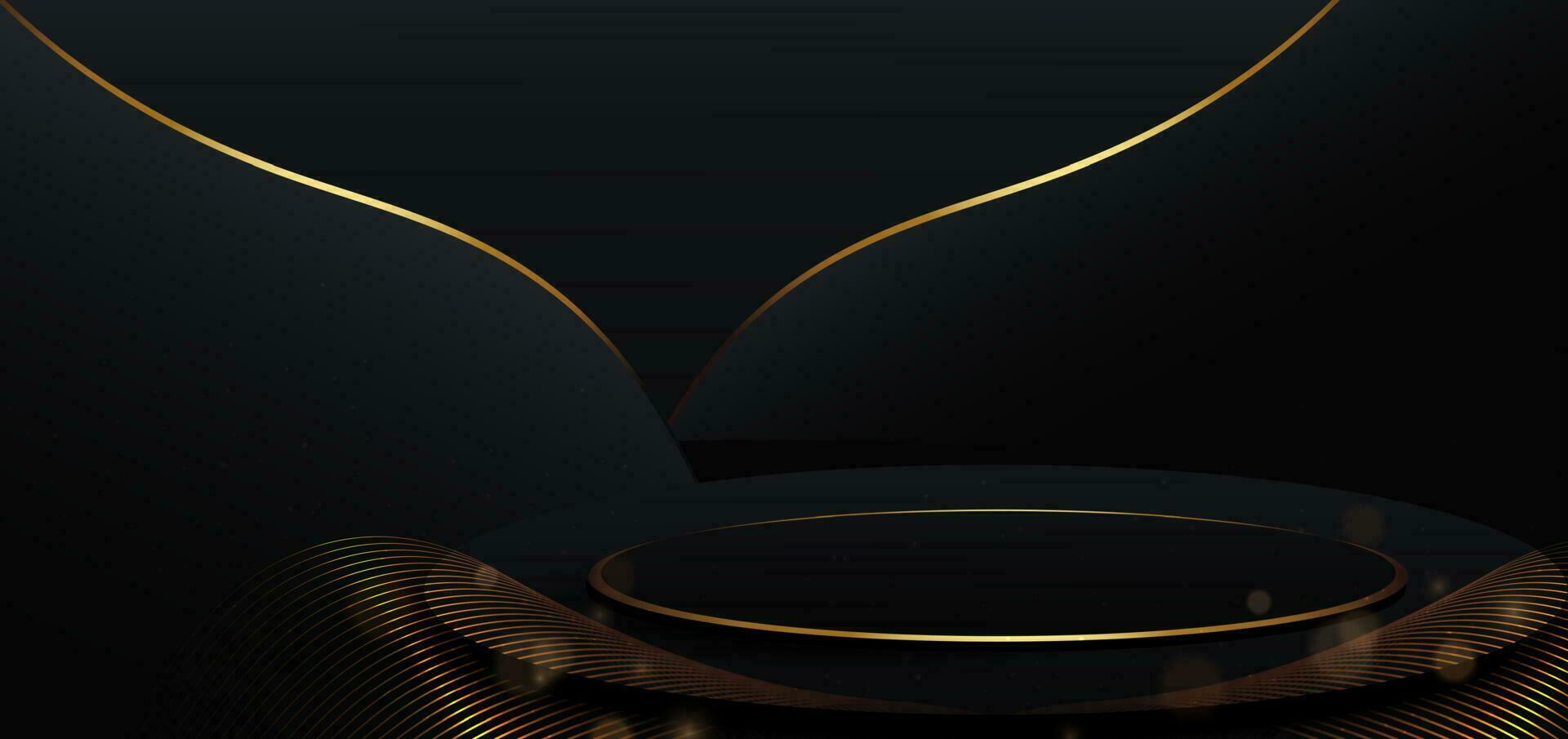 Black and lines gold scence with circle podium and lighting effect sparkle on black background. Template premium award design. vector