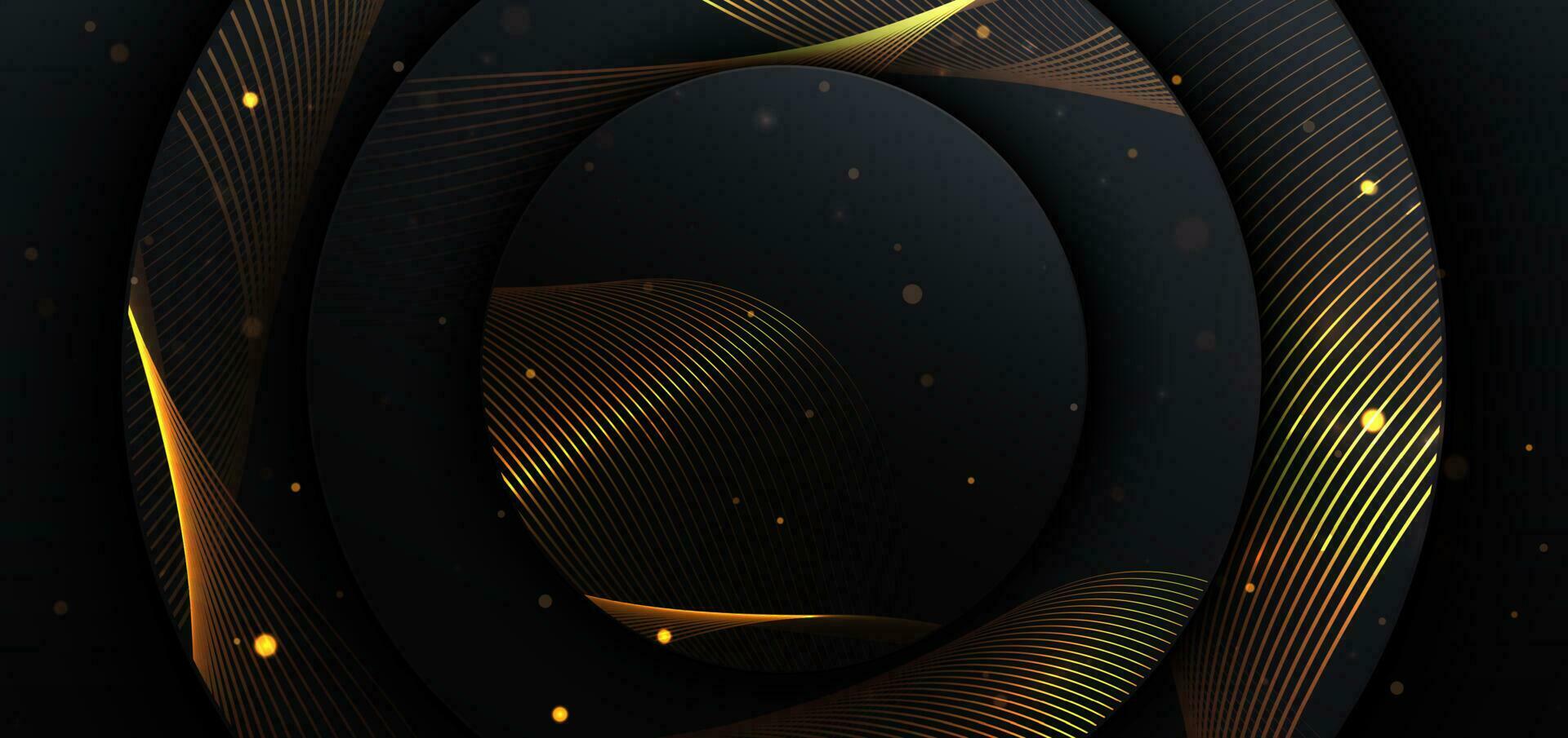 Abstract golden curved lines in circle glowing with lighting effect on black background and bokeh. Template premium award design. vector