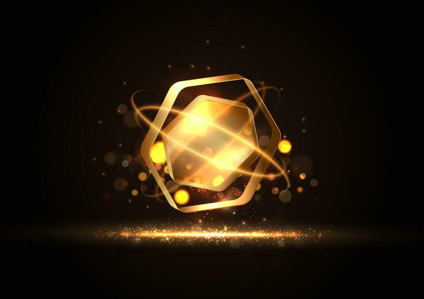 3D golden hexagon on black background with lighting effect and sparkle. Luxury template celebration award design. vector