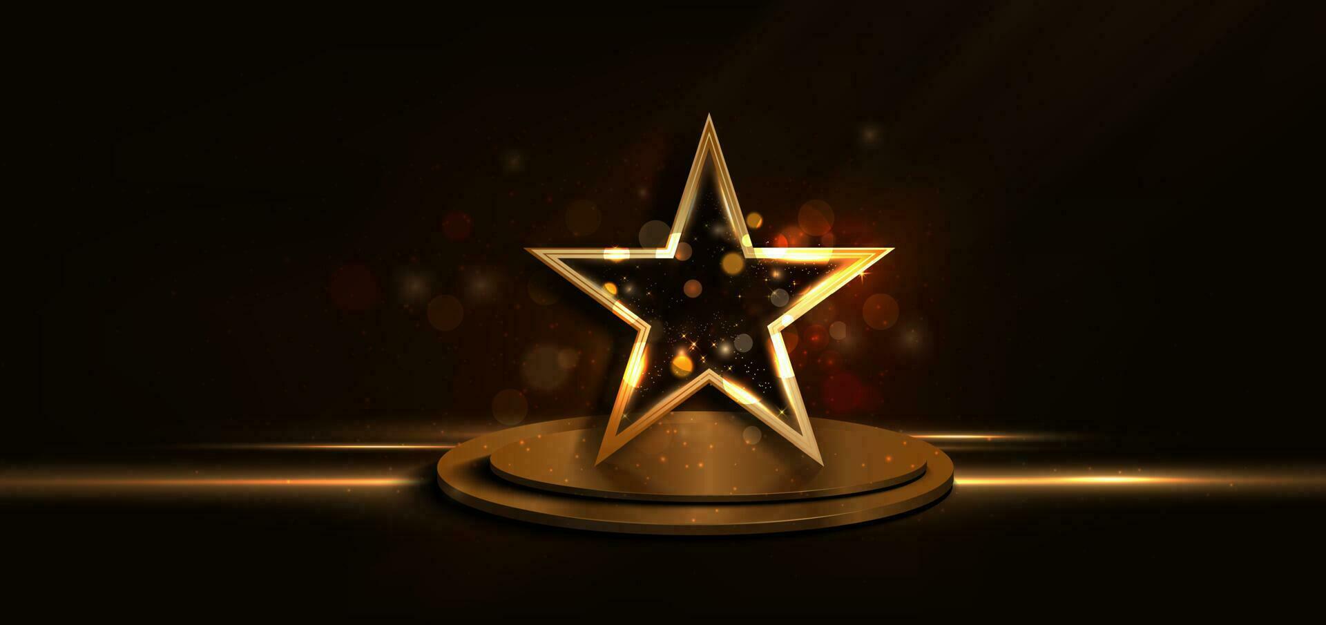 3D golden star with golden on dark brown background with lighting effect and sparkle. Luxury template celebration award design. vector