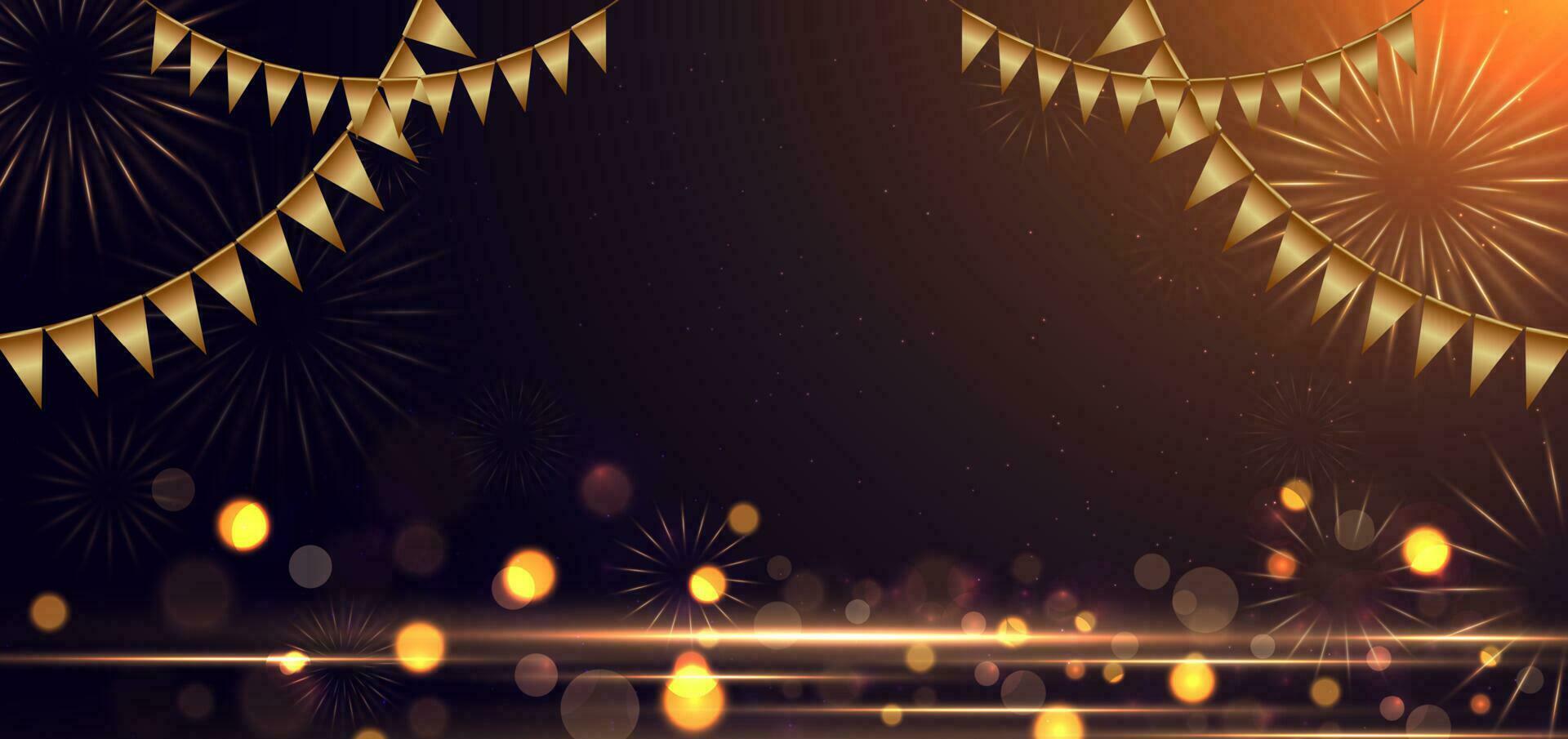 Abstract elegant bokeh and golden flags and flash lights on dark brown background. Celebration party concept. vector